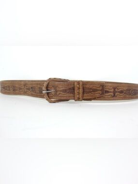 Vintage Handmade Tooled Natural Thick Tan Leather Belt with Self Covered Leather